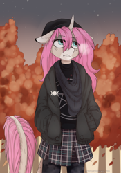 Size: 1472x2100 | Tagged: safe, artist:lonerdemiurge_nail, oc, oc only, oc:tarot, species:anthro, species:classical unicorn, species:pony, species:unicorn, autumn, beanie, clothing, cloven hooves, curved horn, cute, digital art, dusk, ear piercing, female, floppy ears, freckles, hat, horn, leggings, leonine tail, long mane, long tail, looking up, mare, palomino, pentagram, piercing, pink mane, plaid skirt, pleated skirt, scarf, skirt, solo, stars, tree, unshorn fetlocks, ych result