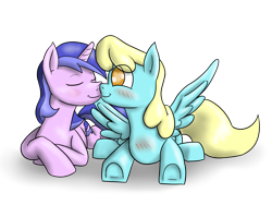 Size: 2600x2073 | Tagged: safe, artist:timsplosion, character:sassaflash, character:sea swirl, species:pegasus, species:pony, species:unicorn, ship:sassaswirl, background pony, blushing, commission, eyes closed, female, kissing, lesbian, mare, shipping, simple background, transparent background