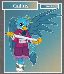 Size: 1688x1950 | Tagged: safe, artist:brownie-bytes, character:gallus, species:anthro, species:griffon, species:unguligrade anthro, clothing, crossover, final fantasy, male, school uniform, solo, sword, weapon