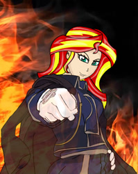 Size: 384x482 | Tagged: safe, artist:anonix123, character:sunset shimmer, my little pony:equestria girls, anime, clothing, crossover, female, fire, fullmetal alchemist, human coloration, roy mustang, solo