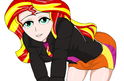 Size: 1480x970 | Tagged: safe, artist:anonix123, character:sunset shimmer, my little pony:equestria girls, bent over, clothing, female, human coloration, jacket, leather, leather jacket, miniskirt, simple background, skirt, solo, thighs, transparent background