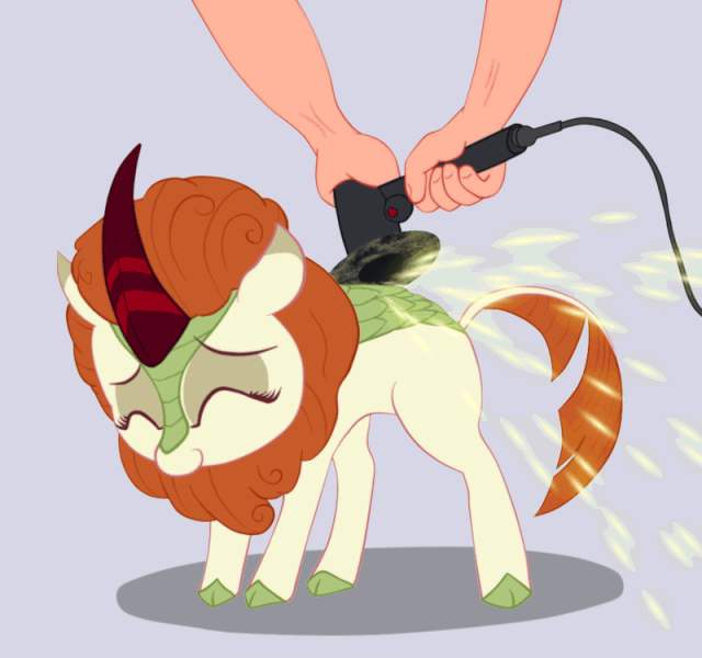 Size: 640x600 | Tagged: safe, artist:szafir87, artist:t72b, character:autumn blaze, species:human, species:kirin, species:pony, episode:sounds of silence, g4, my little pony: friendship is magic, angle grinder, animated, arched back, awwtumn blaze, back scratching, behaving like a cat, bonding, buffer, cloven hooves, colored hooves, cute, daaaaaaaaaaaw, disembodied hand, everything went better than expected, eyes closed, eyeshadow, female, floating heart, gif, gray background, grinder, hand, happy, heart, hnnng, horn, kirinbetes, leonine tail, makeup, mare, massage, offscreen character, petting, polishing, power tools, scales, scratching, silly, simple background, smiling, solo focus, sparks, standing, sweet dreams fuel, szafir87 is trying to murder us, tail wag, three quarter view, weapons-grade cute