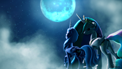 Size: 3840x2160 | Tagged: safe, artist:whiteskyline, character:princess celestia, character:princess luna, species:alicorn, species:pony, 3d, backlighting, duo, duo female, female, mare, moon, rear view, s1 luna