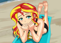 Size: 842x595 | Tagged: safe, artist:anonix123, character:sunset shimmer, g4, my little pony: equestria girls, my little pony:equestria girls, adorasexy, barefoot, beach, clothing, cute, dawwww, feet, female, human coloration, looking at you, ocean, sand, sexy, shimmerbetes, smiling, solo, swimsuit