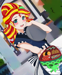 Size: 1280x1539 | Tagged: safe, artist:anonix123, edit, character:sunset shimmer, species:human, episode:good vibes, eqg summertime shorts, g4, my little pony: equestria girls, my little pony:equestria girls, alternate hairstyle, anime, apron, barrette, bento, blushing, clothing, female, food, hairclip, hairpin, happi, human coloration, humanized, looking at you, love live! school idol project, mall, offering, open mouth, rice, serving tray, smiling, solo, standing, sunset sushi, sushi