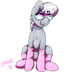Size: 2215x2086 | Tagged: safe, artist:aaa-its-spook, character:silver spoon, species:earth pony, species:pony, accessories, clothing, cute, female, filly, glasses, jewelry, looking at you, necklace, pearl necklace, simple background, smiling, socks, transparent background