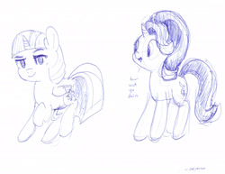 Size: 2610x2016 | Tagged: safe, artist:aemantaslim, character:starlight glimmer, character:twilight sparkle, character:twilight sparkle (alicorn), species:alicorn, species:pony, species:unicorn, ballpoint pen, duo, female, looking at you, mare, monochrome, open mouth, question, raised hoof, simple background, sketch, smiling, smug, traditional art, white background