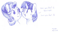 Size: 1819x988 | Tagged: safe, artist:aemantaslim, character:starlight glimmer, character:twilight sparkle, character:twilight sparkle (alicorn), species:alicorn, species:pony, species:unicorn, :t, ballpoint pen, cheek squish, duo, female, looking at you, mare, monochrome, open mouth, pen drawing, question, simple background, sketch, smiling, squishy cheeks, traditional art, white background