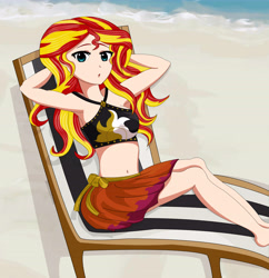 Size: 7080x7309 | Tagged: safe, artist:anonix123, character:sunset shimmer, g4, my little pony: equestria girls, my little pony:equestria girls, absurd resolution, armpits, beach, beach babe, belly button, clothing, fainting couch, female, human coloration, looking at you, ocean, sand, solo, stupid sexy sunset shimmer, swimsuit