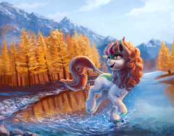 Size: 2000x1571 | Tagged: safe, artist:nemo2d, character:autumn blaze, species:kirin, episode:sounds of silence, g4, my little pony: friendship is magic, female, forest, looking back, open mouth, river, scenery, scenery porn, smiling, solo, splashing, tree, water