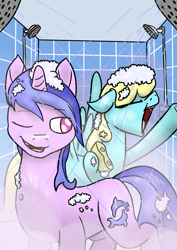 Size: 2121x3000 | Tagged: safe, artist:timsplosion, character:sassaflash, character:sea swirl, species:pegasus, species:pony, species:unicorn, ship:sassaswirl, background pony, female, lesbian, mare, one eye closed, shared shower, shipping, shower, shower head, showering, singing, singing in the shower, soap, sponge, steam, suds, water, wet, wet mane