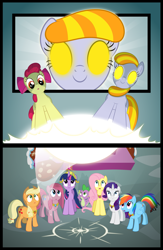 Size: 1181x1813 | Tagged: safe, artist:culu-bluebeaver, character:applejack, character:fluttershy, character:pinkamena diane pie, character:pinkie pie, character:rainbow dash, character:rarity, character:spike, character:twilight sparkle, character:twilight sparkle (unicorn), oc, oc:ruby, species:dragon, species:earth pony, species:pegasus, species:pony, species:unicorn, comic:the six-winged serpent, big crown thingy, comic, elements of harmony, glowing eyes, grimdark series, grotesque series, jewelry, mane seven, mane six, ponyville, regalia, sugarcube corner
