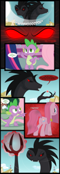 Size: 1024x2941 | Tagged: safe, artist:culu-bluebeaver, character:fluttershy, character:pinkamena diane pie, character:pinkie pie, character:spike, character:twilight sparkle, character:twilight sparkle (unicorn), oc, oc:plague, species:dragon, species:earth pony, species:pegasus, species:pony, species:unicorn, comic:the six-winged serpent, butt, comic, dialogue, elements of harmony, female, glowing eyes, grimdark series, grotesque series, magic, male, mare, plot, ponyville, snake, speech bubble, sugarcube corner