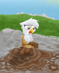 Size: 3497x4319 | Tagged: safe, artist:pzkratzer, character:gilda, belly button, comic, cute, cyrillic, dry mud, female, gildadorable, mud, mud bath, mud volcano, muddy, solo, this will end covered in mud