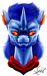 Size: 900x1456 | Tagged: safe, artist:thatonegib, oc, oc only, oc:gib, species:changeling, species:reformed changeling, bandana, beard, bust, changedling oc, changeling oc, digital art, facial hair, gem, horn, long hair, looking at you, male, moustache, mullet, orange eyes, paint tool sai, portrait, signature, simple background, solo, symmetrical, transparent background