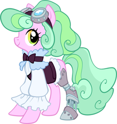 Size: 2755x2915 | Tagged: safe, artist:sakuyamon, oc, oc only, oc:taffy fizzlespark, species:earth pony, species:pony, amputee, automail, clothing, female, goggles, mare, prosthetic leg, prosthetic limb, prosthetics, simple background, solo, steampunk, white background