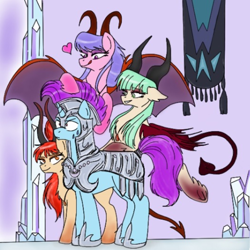 Size: 1198x1200 | Tagged: safe, artist:zigragirl, oc, oc only, oc:candice, oc:iris, oc:scarlet, oc:sunspark, species:crystal pony, species:pony, species:unicorn, armor, crystal empire, demon, eyes on the prize, female, heart, heart tail, imminent sex, licking, licking lips, lucky bastard, male, mare, monster pony, royal guard, smiling, stallion, succubus, succubus pony, succupony, sweat, this will end in snu snu, tongue out, traditional art, wings