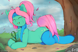 Size: 5400x3600 | Tagged: safe, artist:enryuuchan, oc, oc only, oc:💚, species:pony, chest fluff, clothing, commission, eating, eyes closed, grass, headband, horses doing horse things, outdoors, ponytail, scarf, signature, socks, solo, stockings, thigh highs, tongue out