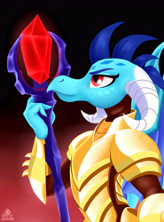 Size: 4000x5401 | Tagged: safe, artist:poecillia-gracilis19, character:princess ember, species:dragon, absurd resolution, armor, bloodstone scepter, bust, dragon lord ember, dragoness, female, gradient background, portrait, solo