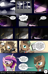 Size: 1040x1600 | Tagged: safe, artist:whitelie, character:princess cadance, oc, oc:dr.brave, comic:party of one:the tragedy of the crystal empire, bondage, comic, engrish, muzzle, night, night sky, sky, straitjacket