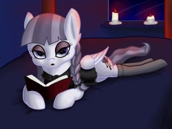Size: 2000x1500 | Tagged: safe, artist:tunrae, character:inky rose, species:pegasus, species:pony, bed, bedroom, candle, lying on bed, reading, solo