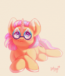 Size: 1321x1557 | Tagged: safe, artist:amishy, oc, oc only, species:pony, species:unicorn, :3, blushing, crossed hooves, cute, female, glasses, mare, prone, signature, simple background, smiling, solo, white background