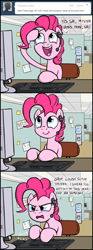 Size: 660x1770 | Tagged: safe, artist:flavinbagel, character:pinkie pie, species:earth pony, species:pony, ask gamer ponies, computer, female, headset, mare, meme origin, office, office pinkie, sitting, solo