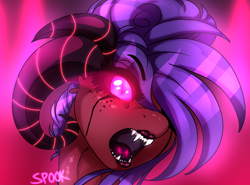 Size: 1376x1019 | Tagged: safe, artist:aaa-its-spook, oc, oc:cirice, species:demon pony, angry, fangs, female, glowing eyes, horns, lipstick, monster pony, solo