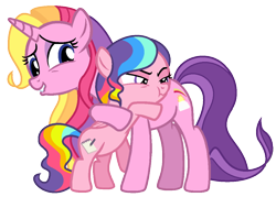 Size: 1100x788 | Tagged: safe, artist:awoomarblesoda, character:rainbow flash, character:rainbow harmony, species:pegasus, species:pony, species:unicorn, female, filly, hug, mare, rainbow hair, simple background, transparent background