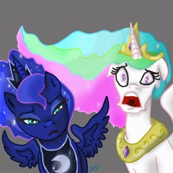 Size: 700x700 | Tagged: safe, artist:mylittlegodzilla, character:princess celestia, character:princess luna, species:alicorn, species:pony, open mouth, reaction image, spread wings, wings