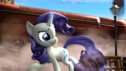 Size: 3840x2160 | Tagged: safe, artist:whiteskyline, character:rarity, species:pony, 3d, female, luggage, magic, solo, train