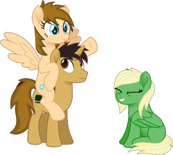 Size: 4152x3728 | Tagged: safe, artist:peahead, oc, oc only, oc:data wave, oc:stellar winds, species:pegasus, species:pony, species:unicorn, absurd resolution, blue eyes, brown eyes, female, grin, happy, male, mare, movie accurate, piggyback ride, ponies riding ponies, raised hoof, riding, simple background, sitting, smiling, spread wings, stallion, transparent background, transparent mane, trio, vector, wings