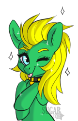 Size: 1912x2970 | Tagged: safe, artist:sugarstar, oc, oc only, oc:professor sugarcube, species:earth pony, species:pony, blue eyes, collar, cute, eyelashes, female, one eye closed, solo, sparkles, tongue out, wink