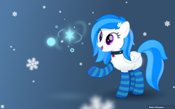 Size: 3646x2292 | Tagged: safe, artist:potato22, oc, oc only, oc:winter white, blurry, clothing, collar, gradient background, magic, magic but no horns, snow, socks, solo, striped socks