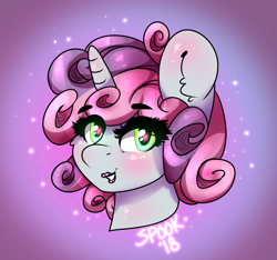 Size: 1752x1641 | Tagged: safe, artist:aaa-its-spook, character:sweetie belle, species:pony, species:unicorn, blushing, cute, female, filly, glowing eyes, horn, lipstick, smiling