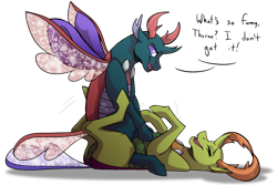 Size: 1800x1200 | Tagged: safe, artist:percy-mcmurphy, character:pharynx, character:prince pharynx, character:thorax, species:changeling, species:reformed changeling, brotherly love, brothers, changedling brothers, cute, dialogue, male, misleading thumbnail, pharybetes, sitting on person, thorabetes, tickling