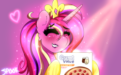 Size: 3480x2160 | Tagged: safe, artist:aaa-its-spook, character:princess cadance, species:alicorn, species:pony, blushing, crepuscular rays, crown, cute, cutedance, eyes closed, eyeshadow, female, food, great value, happy, horn, jewelry, lipstick, makeup, mare, meat, meme, peetzer, pepperoni, pepperoni pizza, pizza, ponies eating meat, regalia, smiling, solo, sparkly mane, that pony sure does love pizza, waifu