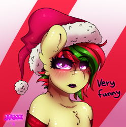 Size: 1614x1629 | Tagged: safe, artist:aaa-its-spook, oc, oc:attraction, species:anthro, chest fluff, christmas, clothing, deadpan, delet this, femboy, hat, holiday, lipstick, makeup, male, meme, raised eyebrow, santa hat, solo, trap, unamused