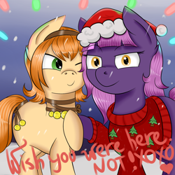 Size: 2000x2000 | Tagged: safe, artist:luriel maelstrom, oc, oc only, oc:hazel glow, oc:lavender eclipse, species:pony, bells, christmas, christmas lights, christmas sweater, clothing, female, hat, heart, holiday, looking at you, one eye closed, santa hat, side hug, simple background, snow, sweater, wink, writing