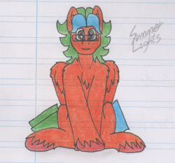 Size: 2185x2036 | Tagged: safe, artist:summerium, oc, oc only, oc:summer lights, species:pegasus, species:pony, glasses, lined paper, male, sitting, solo, traditional art, unshorn fetlocks