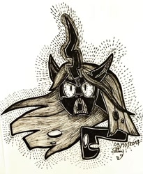 Size: 1080x1320 | Tagged: safe, artist:shinycyan, character:queen chrysalis, species:changeling, inktober, angry, fangs, female, ink drawing, looking at you, monochrome, open mouth, raised hoof, screech, sketch, solo, traditional art, villainous breakdown