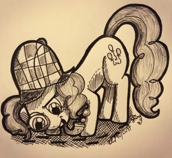 Size: 1080x993 | Tagged: safe, artist:shinycyan, character:pinkie pie, species:earth pony, species:pony, inktober, clothing, deerstalker, detective, female, hat, ink drawing, magnifying glass, mare, monochrome, pipe, sketch, smiling, solo, traditional art