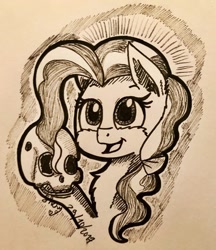 Size: 1080x1251 | Tagged: safe, artist:shinycyan, character:petunia paleo, species:earth pony, species:pony, inktober, g4, chest fluff, female, holding, ink drawing, mare, monochrome, open mouth, sketch, skull, smiling, solo, traditional art