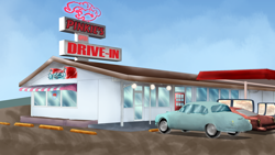Size: 1920x1080 | Tagged: safe, artist:chiptunebrony, character:pinkie pie, species:pony, 1950s, building, car, diner, parody, restaurant, retro, scenery, sign