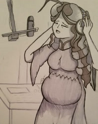 Size: 1024x1302 | Tagged: safe, artist:zalla661, oc, oc:diva nuit, parent:coloratura, parents:canon x oc, species:human, my little pony:equestria girls, clothing, dress, equestria girls-ified, eyes closed, female, headphones, microphone, monochrome, multiple pregnancy, pregnant, pregnant equestria girls, recording, recording studio, singing, solo, traditional art