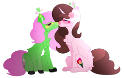 Size: 1024x645 | Tagged: safe, artist:leanne264, oc, oc only, species:earth pony, species:pony, species:unicorn, female, lesbian, mare, nuzzling, simple background, transparent background
