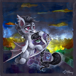 Size: 1024x1020 | Tagged: safe, artist:lailyren, artist:moonlight-ki, oc, species:bat pony, species:crystal pony, species:pony, duo, traditional art