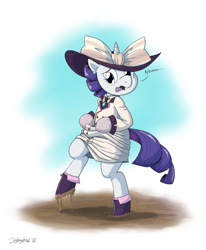 Size: 1280x1557 | Tagged: safe, artist:jeglegator, character:rarity, species:pony, species:unicorn, episode:p.p.o.v. (pony point of view), g4, my little pony: friendship is magic, boots, clothing, dress, female, gloves, mare, mud, raristocrat, rose dewitt bukater, semi-anthro, shoes, titanic