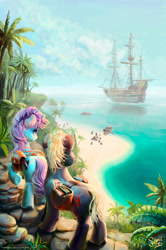 Size: 1000x1503 | Tagged: safe, artist:nemo2d, oc, oc only, species:pony, beach, female, male, mare, outdoors, pirate ship, saddle bag, sailship, ship, shore, stallion, watermark