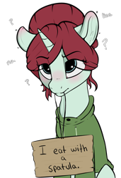 Size: 2249x3297 | Tagged: safe, artist:cold blight, oc, oc only, oc:taffeta, species:pony, species:unicorn, blushing, clothing, cute, ear blush, female, mare, mouth hold, pony shaming, sign, simple background, solo, sweater, transparent background
